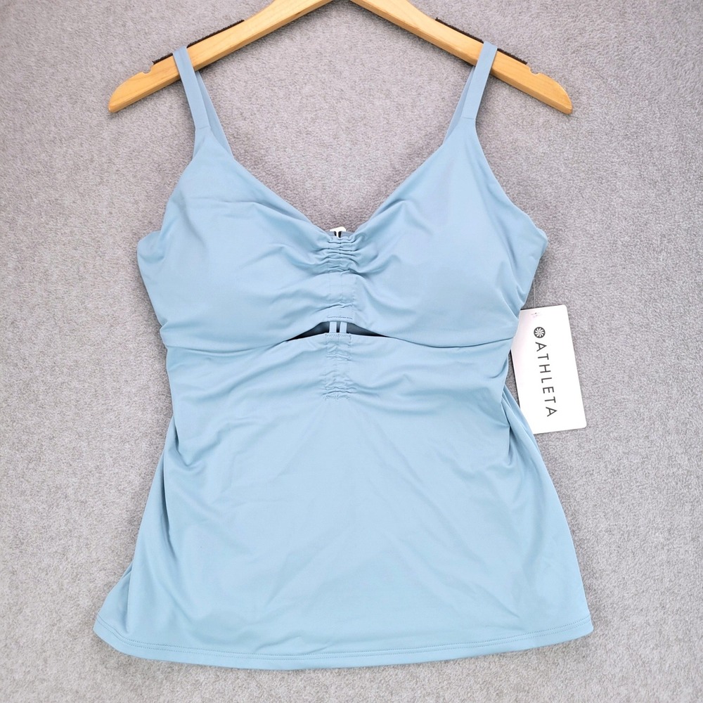 Athleta Villa Bra Cup Tankini Women 36D/DD Blue Shirred Peek-A-Boo Swim Top